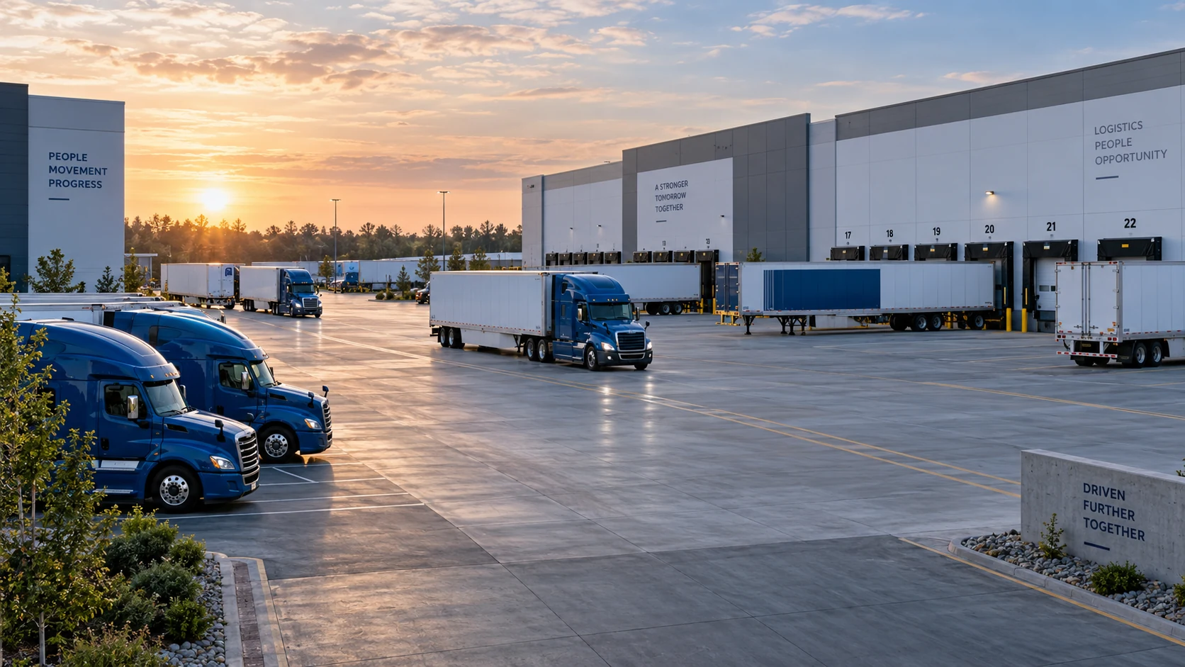Distribution yard with multiple trucks and trailers