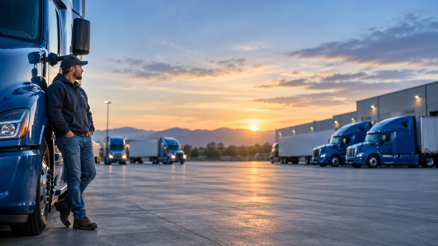 Professional truck driver with modern fleet