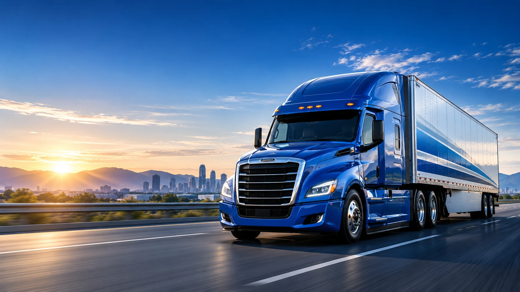 Modern blue semi truck on the road